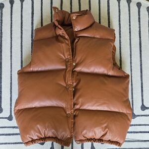 Dark Camel Faux Leather Puffer Vest